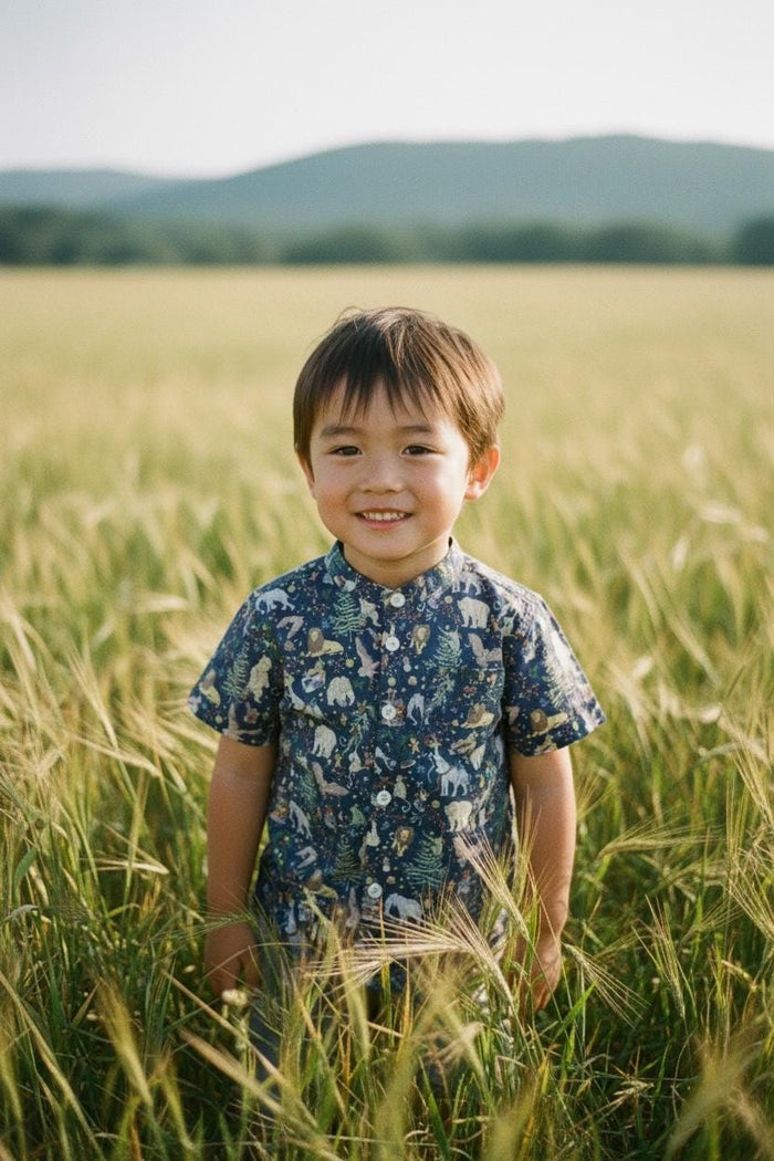 Mandarin Collar Liberty London Fabric Short Sleeve Boy Shirt: Button Up, Botanical Floral Print