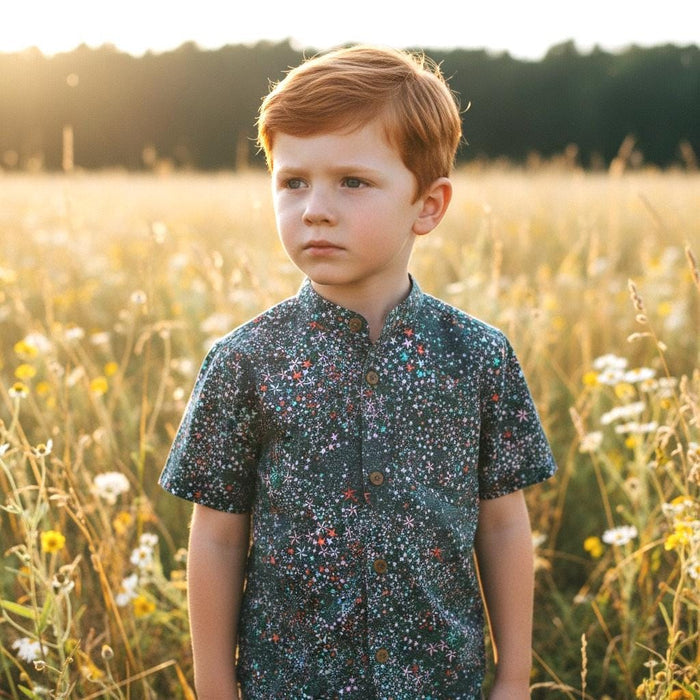 Mandarin Collar Liberty London Fabric Short Sleeve Boy Shirt: Button Up, Botanical Floral Print
