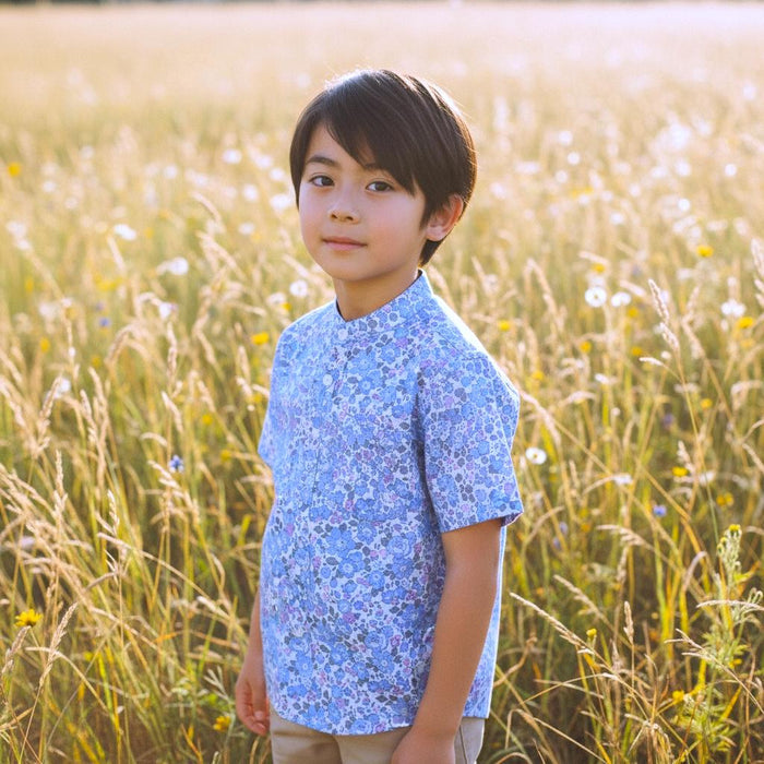 Mandarin Collar Liberty London Fabric Short Sleeve Boy Shirt: Button Up, Botanical Floral Print
