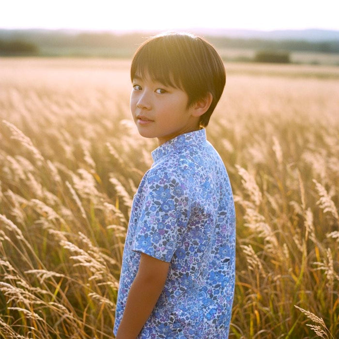 Mandarin Collar Liberty London Fabric Short Sleeve Boy Shirt: Button Up, Botanical Floral Print