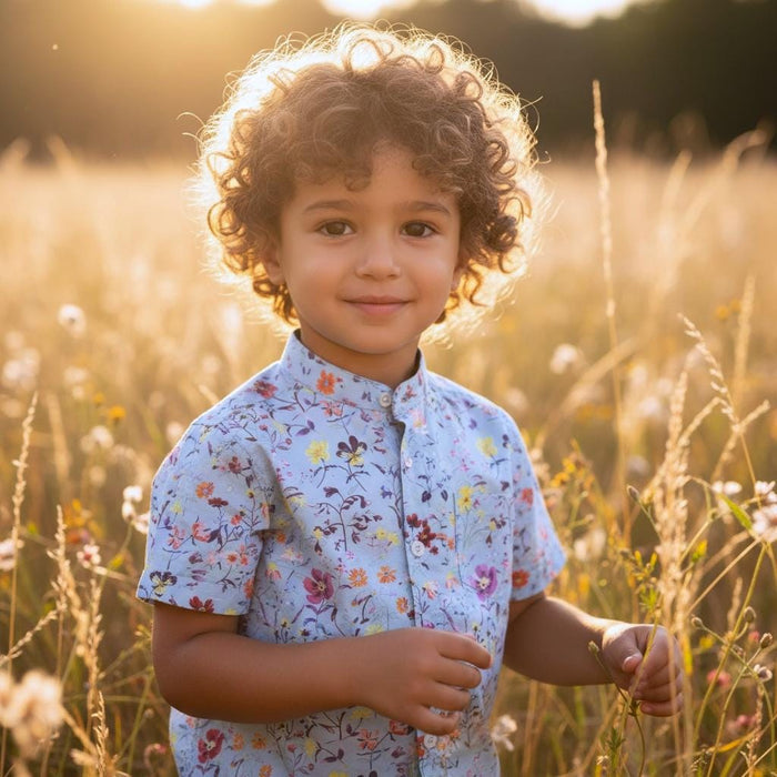 Mandarin Collar Liberty London Fabric Short Sleeve Boy Shirt: Button Up, Botanical Floral Print