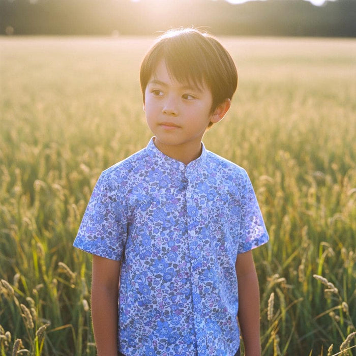 Mandarin Collar Liberty London Fabric Short Sleeve Boy Shirt: Button Up, Botanical Floral Print