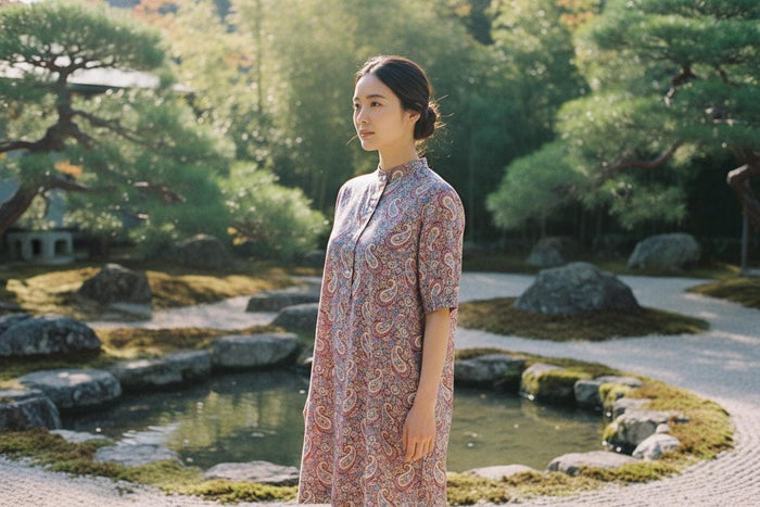 May include: A woman wearing a paisley print dress with short sleeves and a mandarin collar stands in a Japanese garden. The dress features a pattern of red, blue, and white paisley designs. The background includes a pond, rocks, and lush greenery.