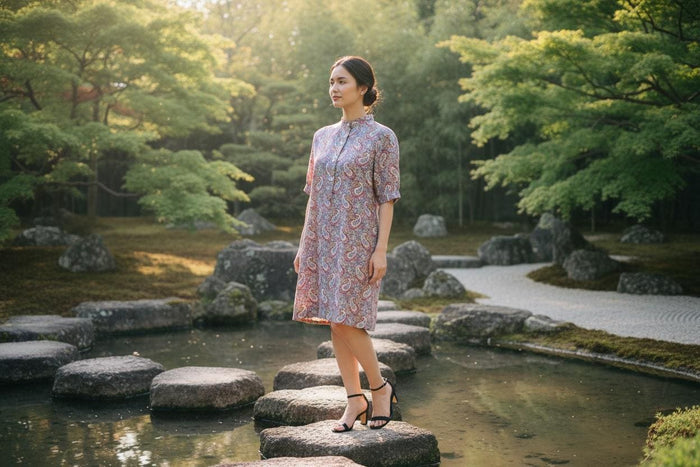 Mandarin Collar Liberty London Shift Dress: Elegant Floral Print, Ditsy Half Sleeves Shirt Dress
