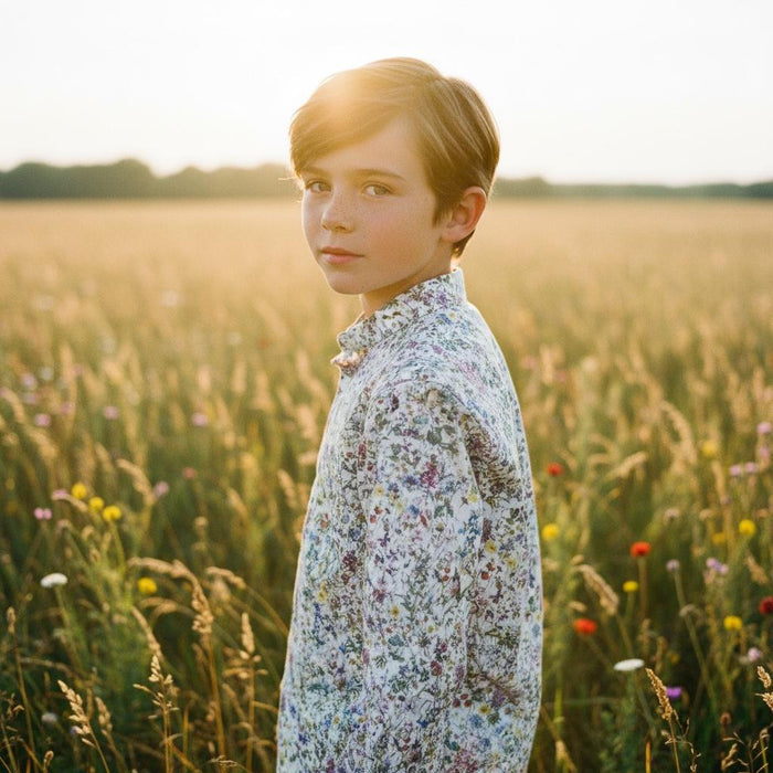 Mandarin Collar Liberty Print Boy Shirt: Long Sleeve Cotton Button-Up, Botanical Flower