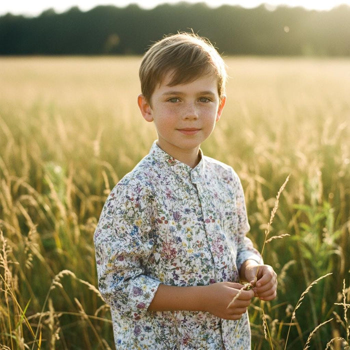Mandarin Collar Liberty Print Boy Shirt: Long Sleeve Cotton Button-Up, Botanical Flower