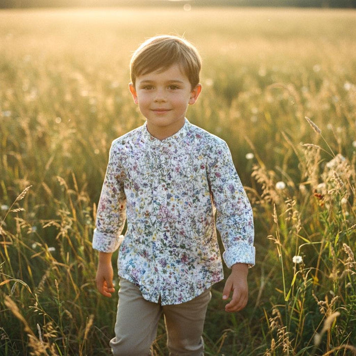 Mandarin Collar Liberty Print Boy Shirt: Long Sleeve Cotton Button-Up, Botanical Flower