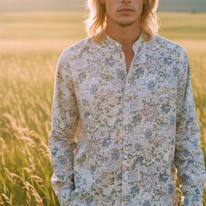 Mandarin Collar Liberty Print Men Shirt: Long Sleeve Button Up, Botanical Floral Cotton Fabric