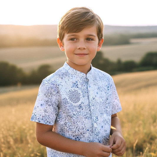 Mao Collar Liberty London Fabric Short Sleeve Boy Shirt: Button Up, Botanical Floral Print