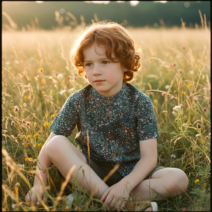 Mao Collar Liberty London Fabric Short Sleeve Boy Shirt: Button Up, Botanical Floral Print