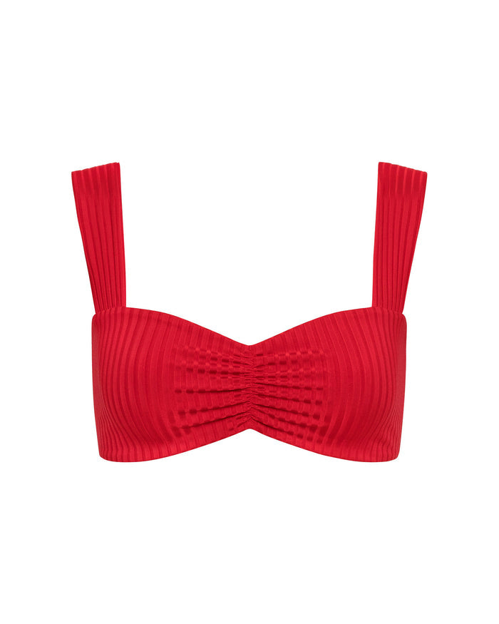 Off-model front view of the LSPACE flame Marlee Bikini Top on a flat surface.