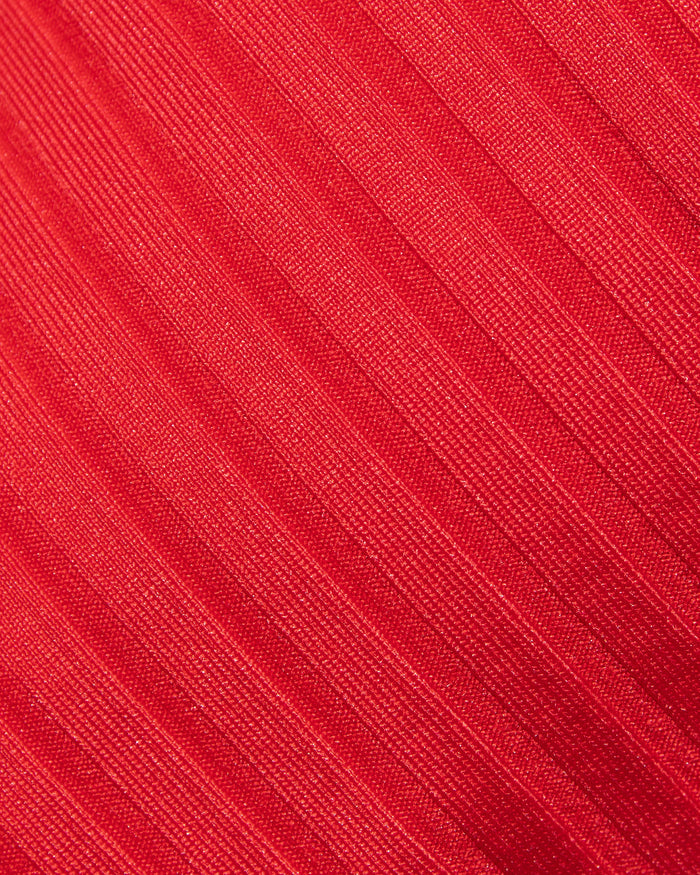 Close-up of flame red ribbed fabric used in the LSPACE flame Marlee Bikini Top.