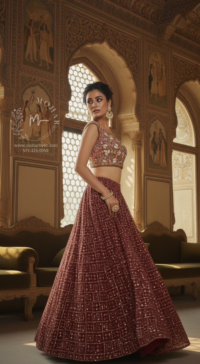 Maroon Sequin Embroidered Lehenga Set