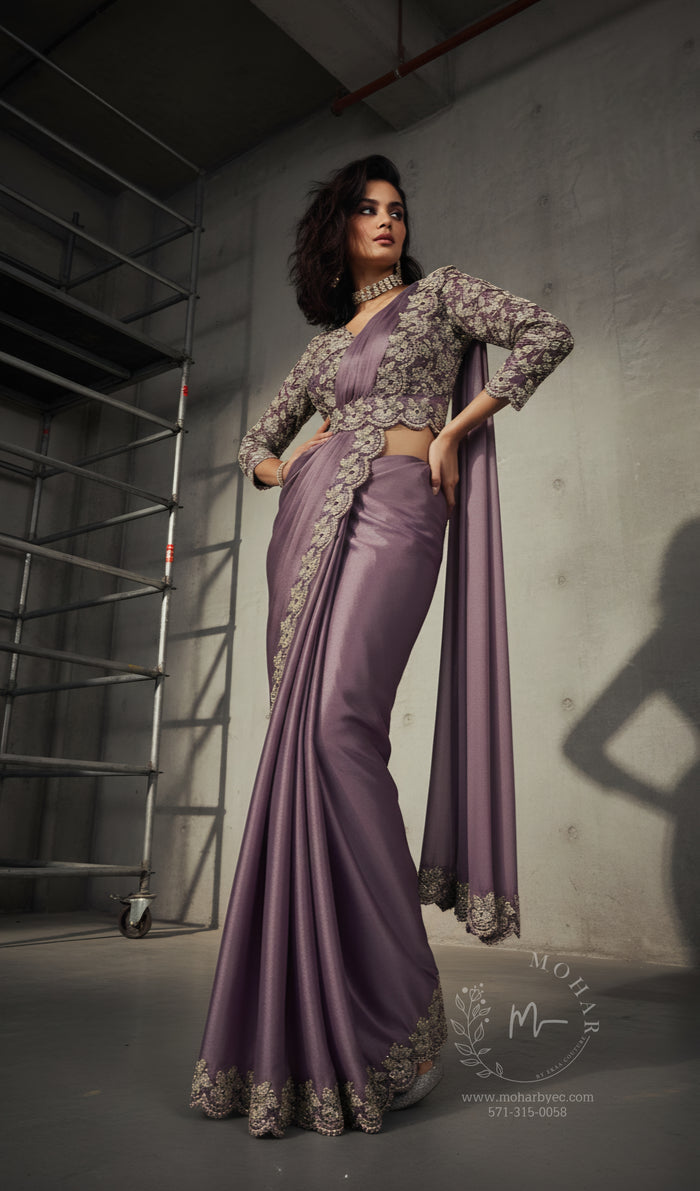 Mauve Purple Embroidered Satin Pre-Stitched Saree