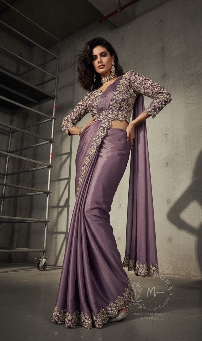 Mauve Purple Embroidered Satin Pre-Stitched Saree