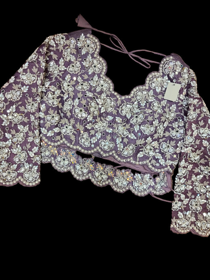 Mauve Purple Embroidered Satin Pre-Stitched Saree