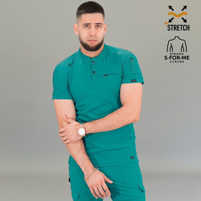 Teal blue medical scrub top for men raglan sleeves moisture wicking