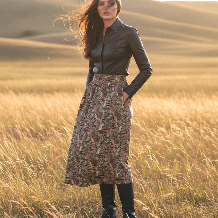 Midi Floral Liberty London A-Line Skirt: Elastic Waist Flare Skirt, Ditsy Botanical Print