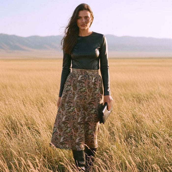 Midi Floral Liberty London A-Line Skirt: Elastic Waist Flare Skirt, Ditsy Botanical Print