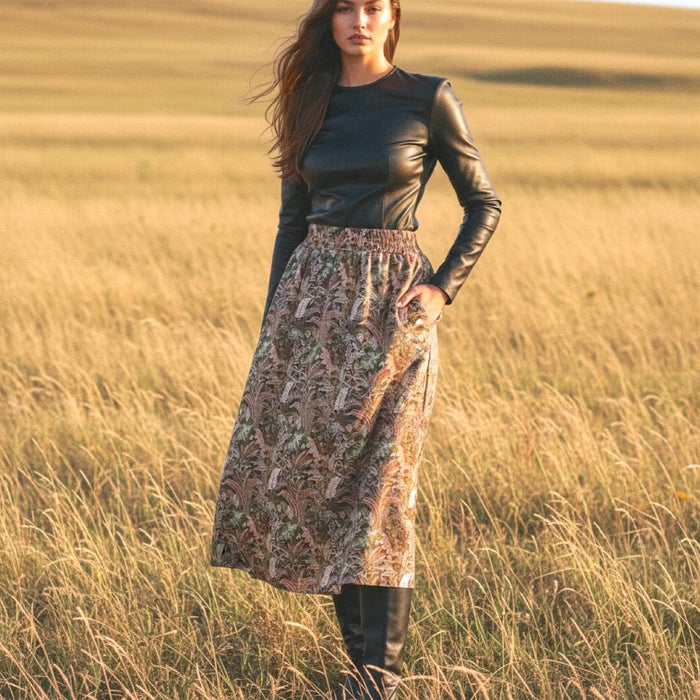 Midi Floral Liberty London A-Line Skirt: Elastic Waist Flare Skirt, Ditsy Botanical Print