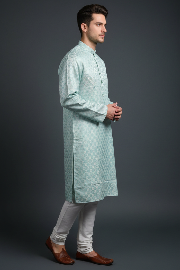 Side profile – mint kurta with white pajama