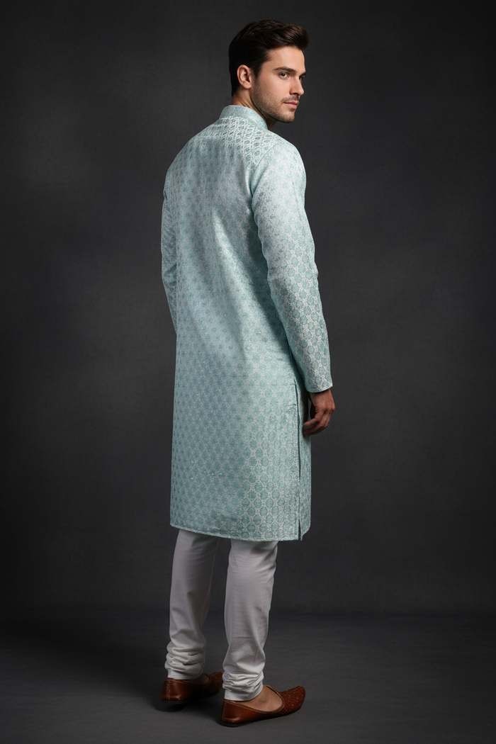 Back angle – mint kurta with white pajama