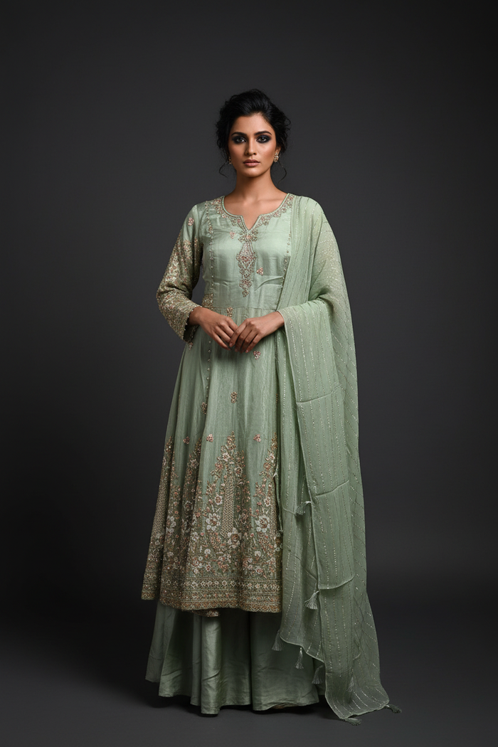 Model wearing mint embroidered sharara set, front-facing pose, dark grey background