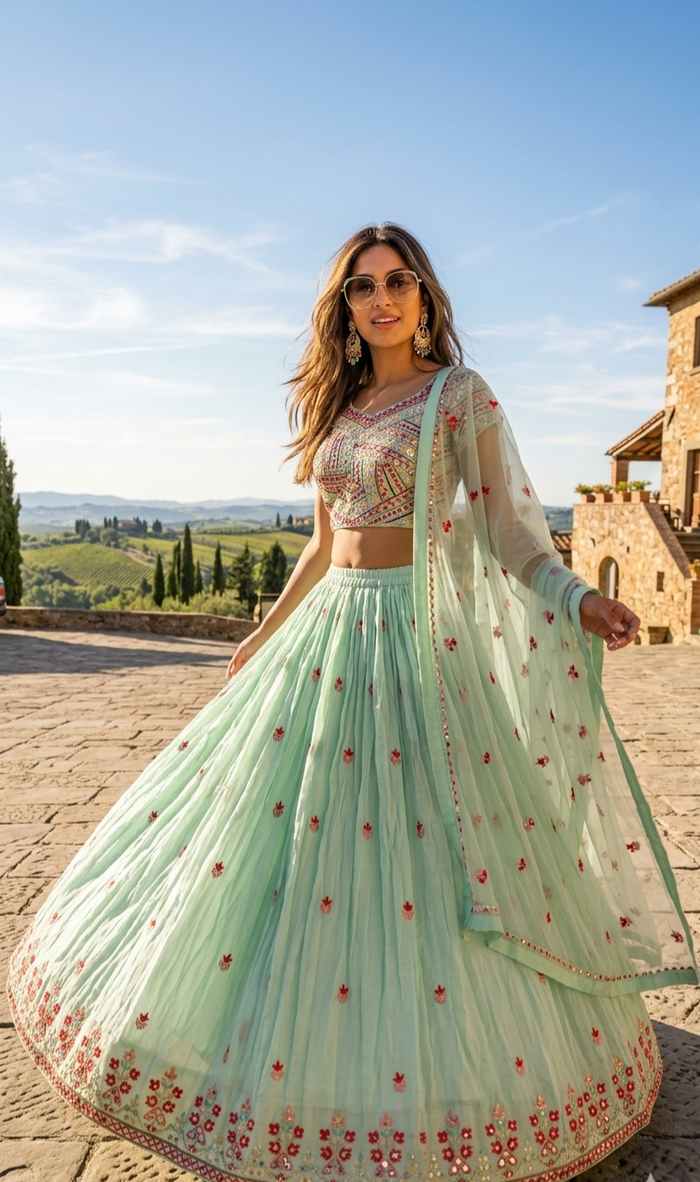 Mint Floral Embroidered Lehenga Set