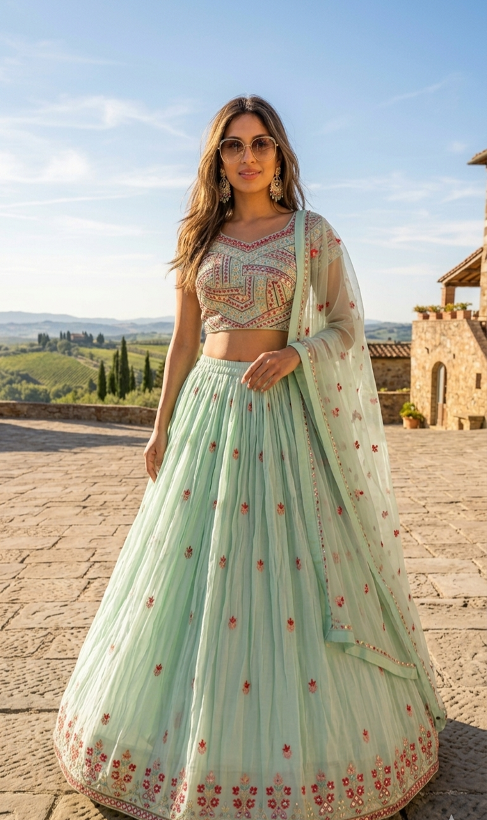 Mint Floral Embroidered Lehenga Set