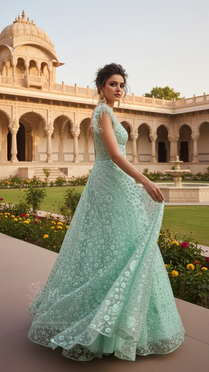 Mint Green Embroidered Ball Gown with Floral Embellishments & Feather Details