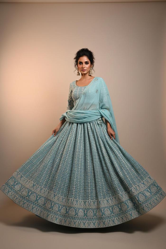 Mint Lucknowi Chikankari Lehenga Set