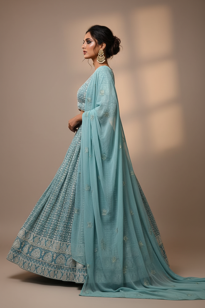 Mint Lucknowi Chikankari Lehenga Set