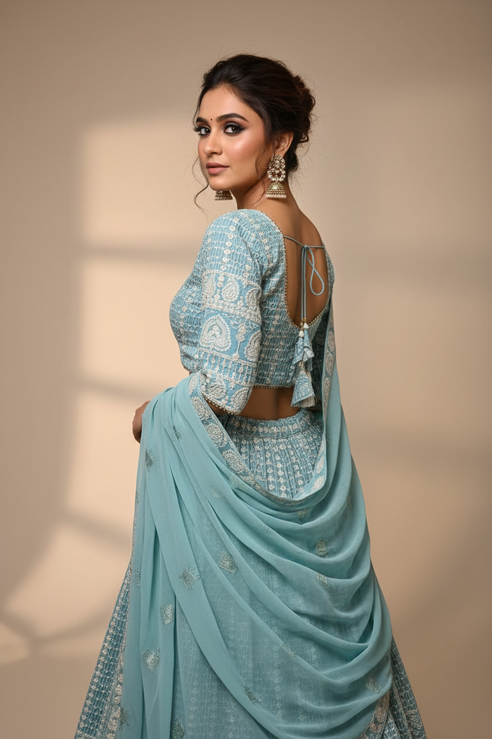 Mint Lucknowi Chikankari Lehenga Set
