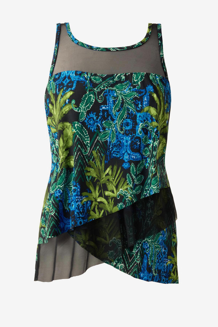 Mesh detail tankini top with a multicolor abstract print