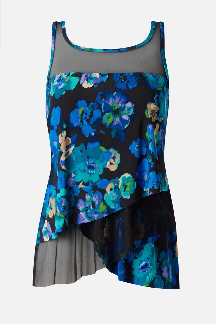 Black and blue floral printed tankini top with mesh details