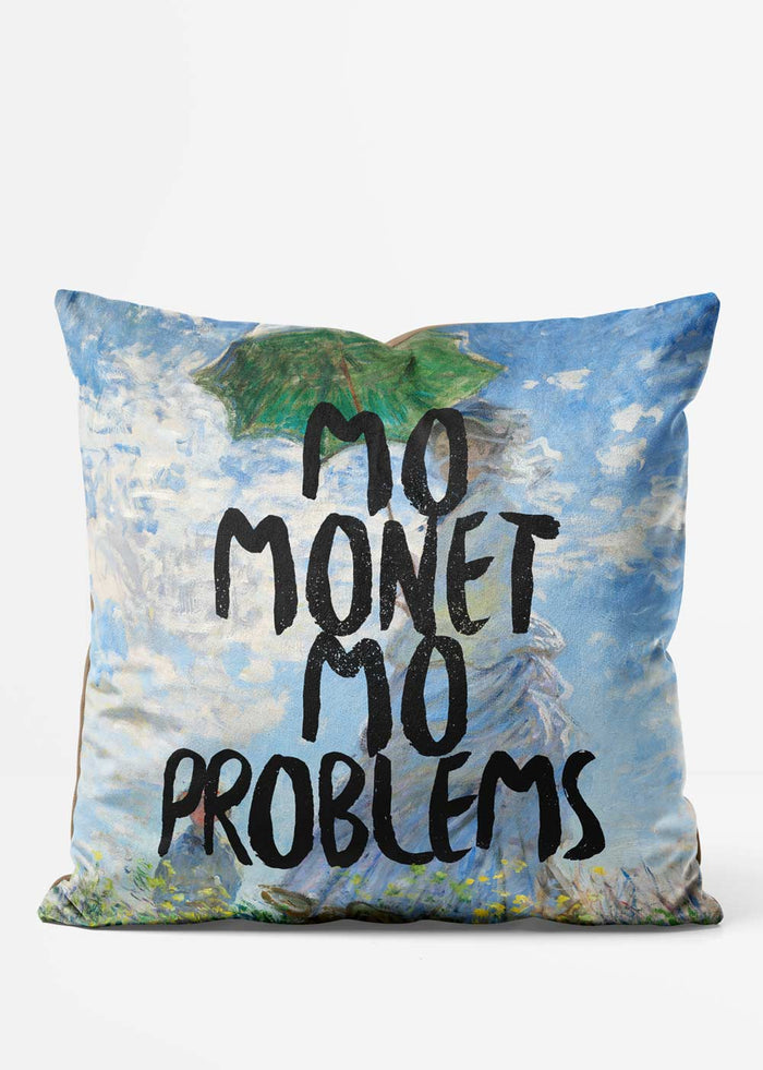 Mo Money Mo Problems Cushion, front view in blue