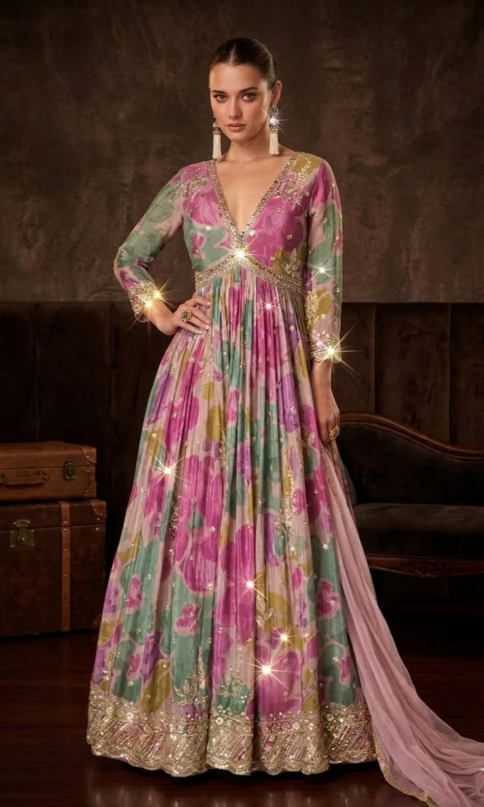 Multicolor Floral Print Anarkali Gown with Embroidered Hem & Dupatta