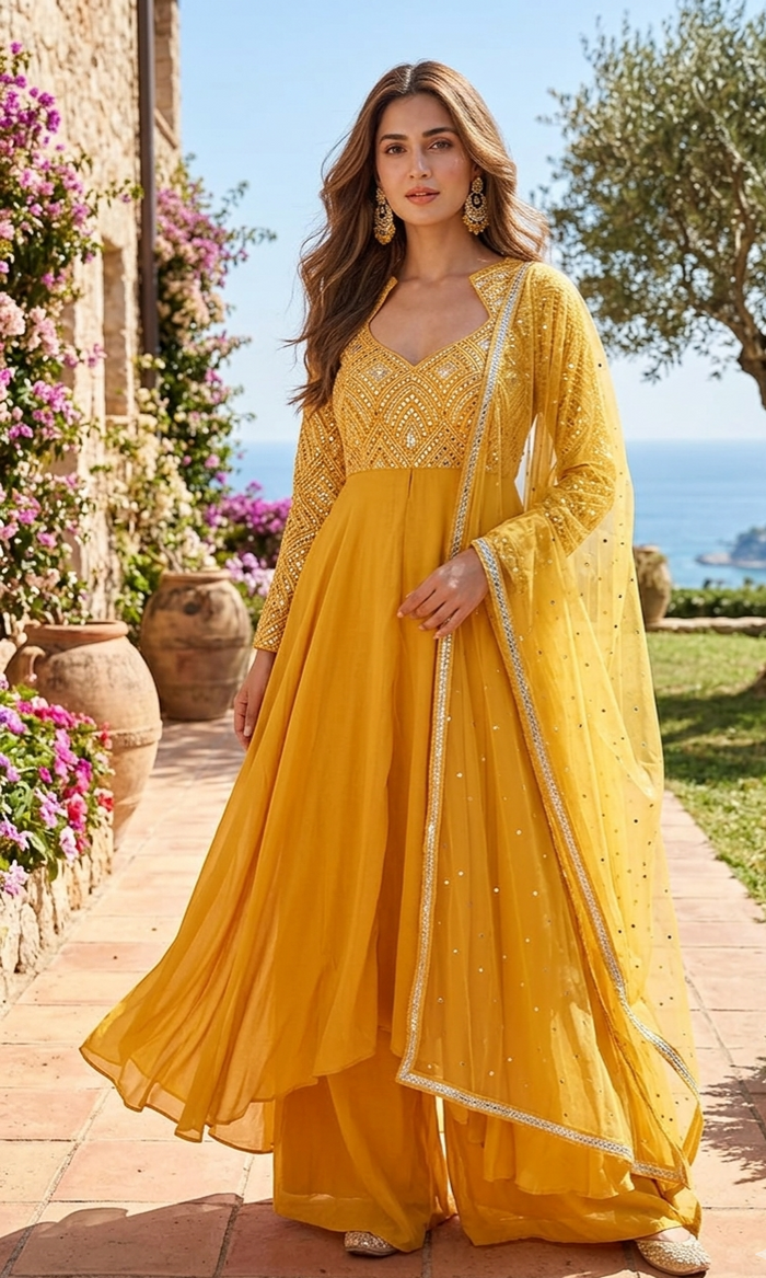 Mustard Yellow Embroidered Anarkali Set