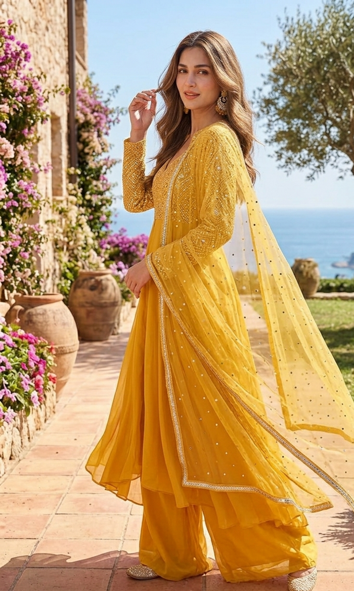 Mustard Yellow Embroidered Anarkali Set