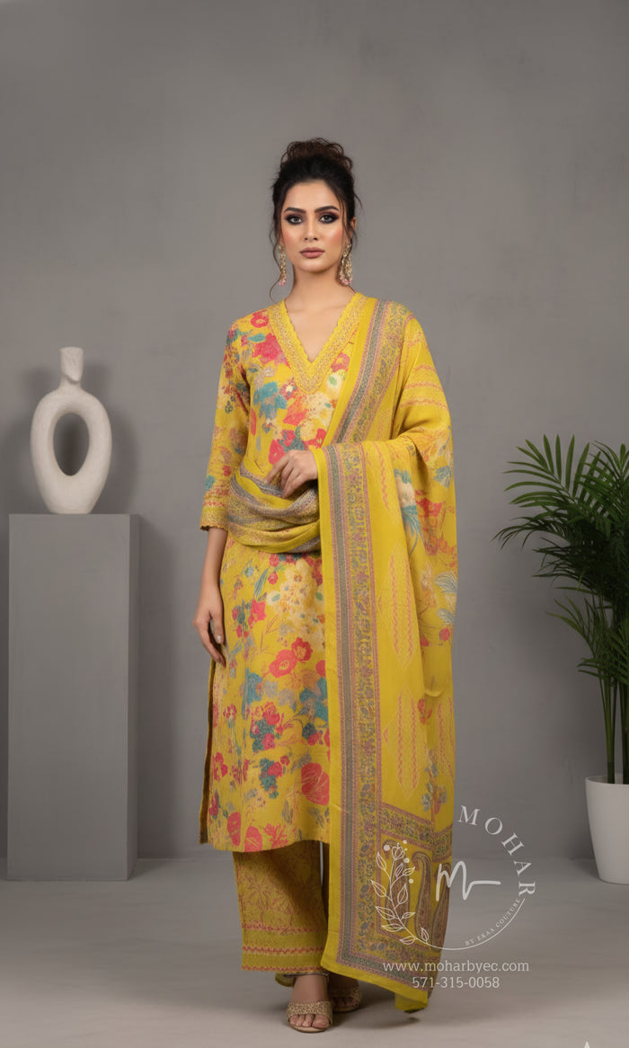 Mustard Yellow Floral Print Salwar Suit with Dupatta