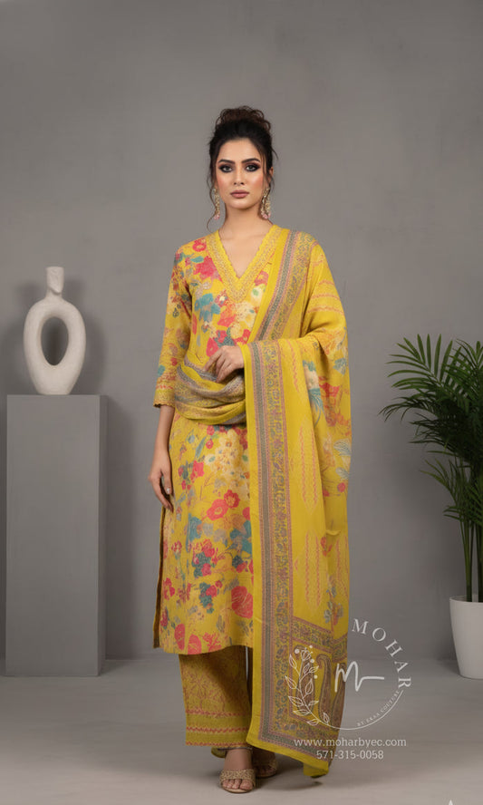 Mustard Yellow Floral Print Salwar Suit with Dupatta