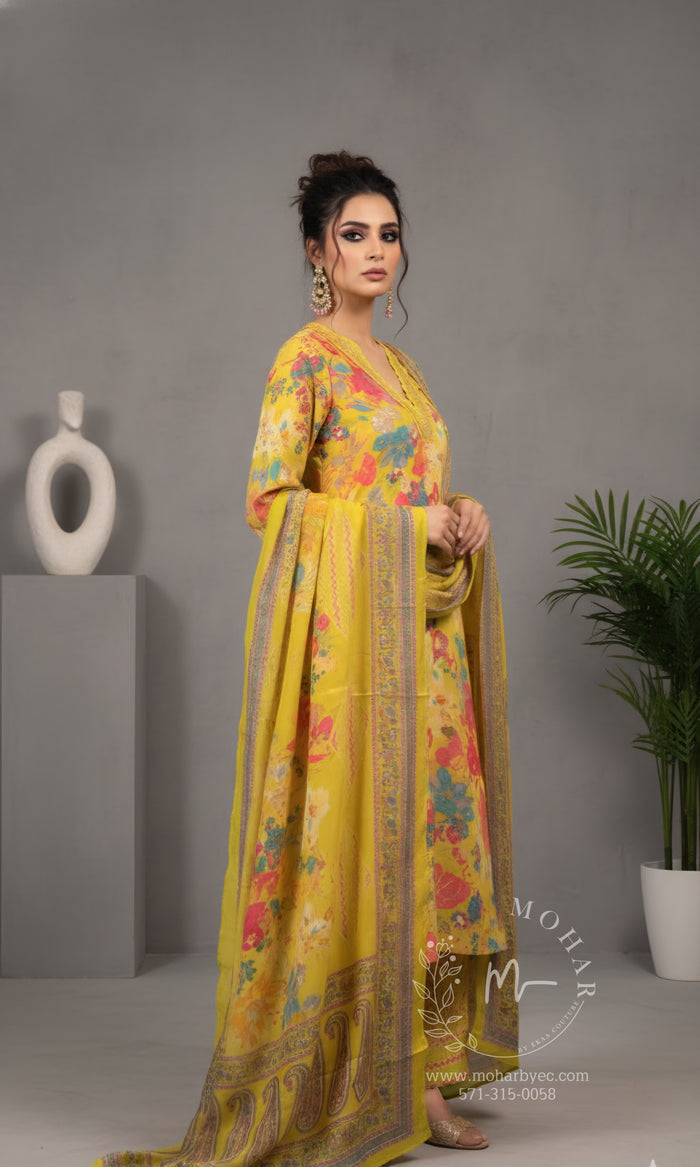 Mustard Yellow Floral Print Salwar Suit with Dupatta