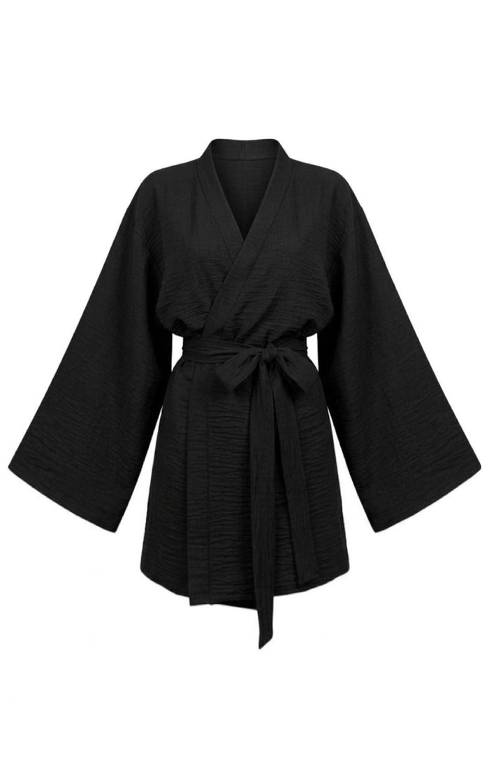 Mutsumi black mini kimono robe
