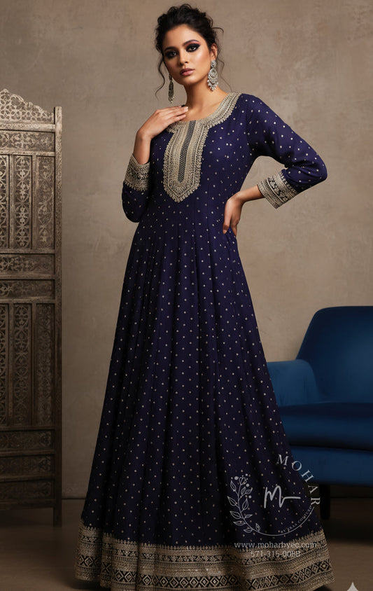 Navy Blue Embroidered Anarkali Gown with Gold Detailing