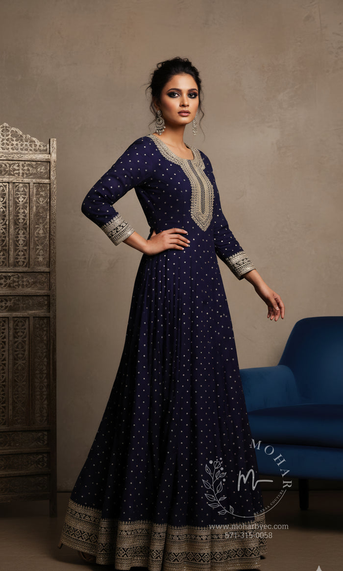 Navy Blue Embroidered Anarkali Gown with Gold Detailing