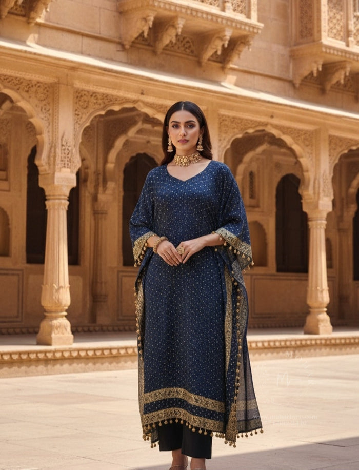 Navy Blue Golden Embellished Kaftan Dress