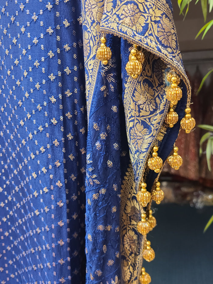 Navy Blue Golden Embellished Kaftan Dress