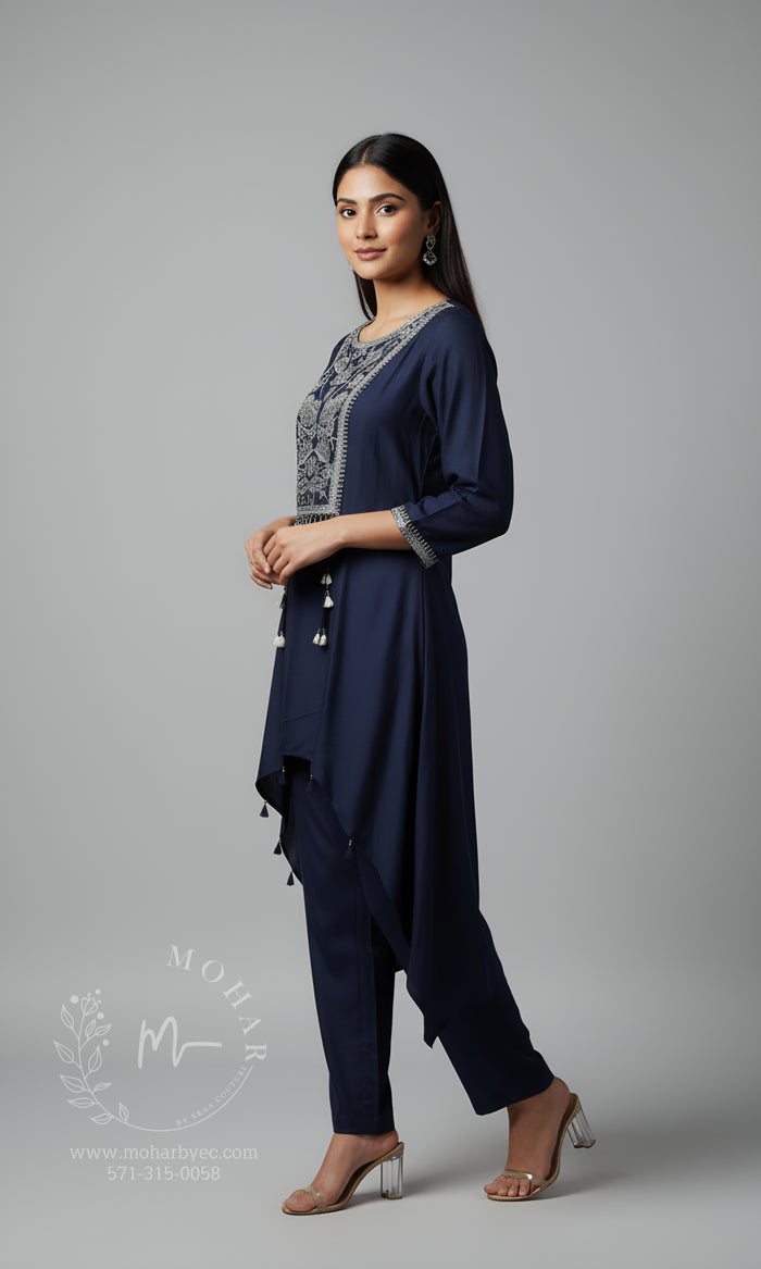 Navy Embellished Indo-Western Tunic & Pant Set