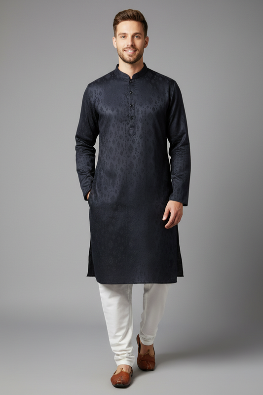 Navy embroidered kurta set front view on male model with white pajama and mojari footwear