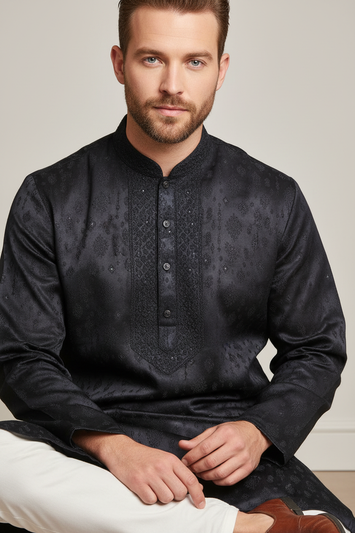 Navy embroidered kurta set upper body close-up showing embroidery and mandarin collar detail